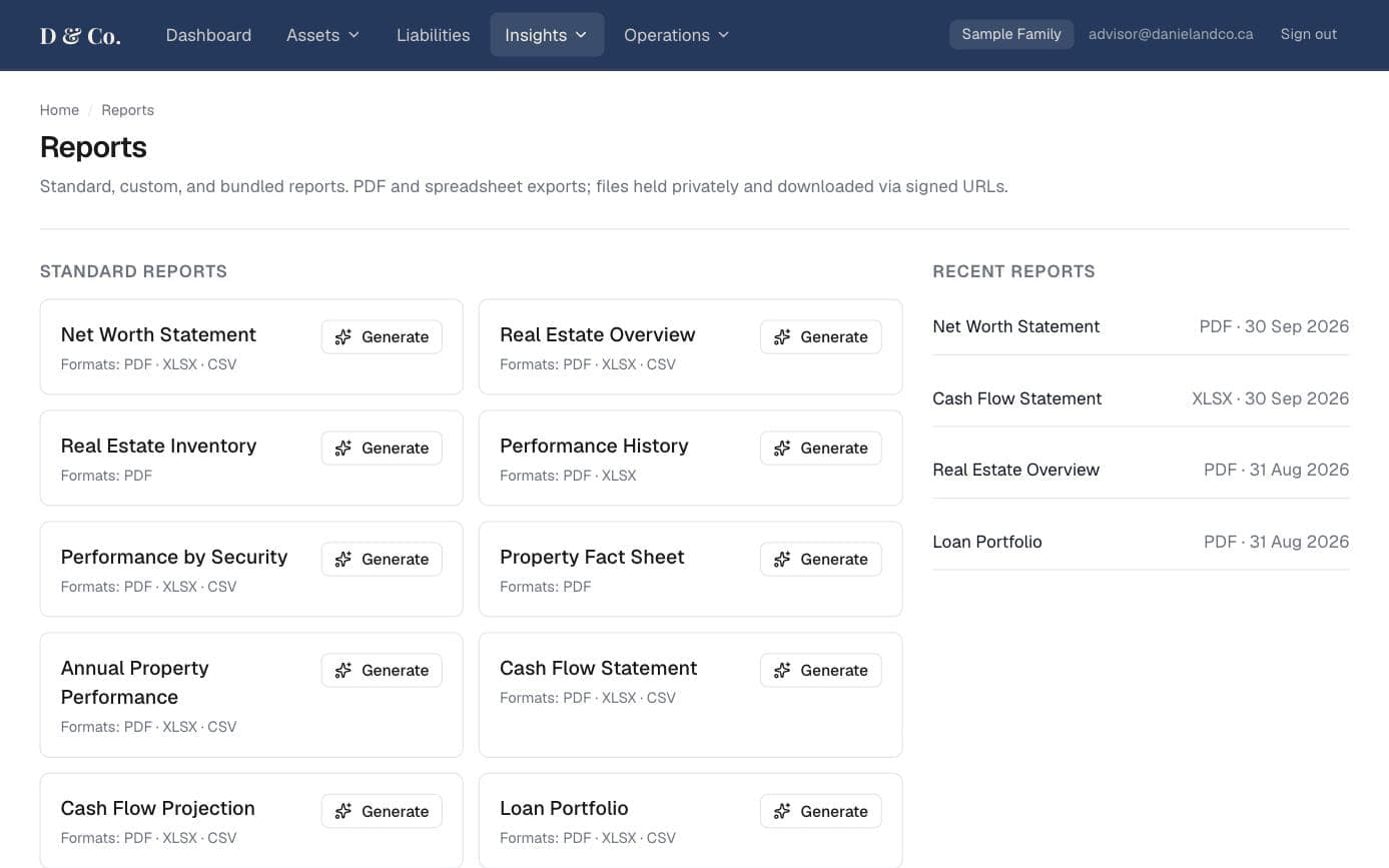 The reports screen: a list of standard reports with generate buttons, and the most recent exports beside it.