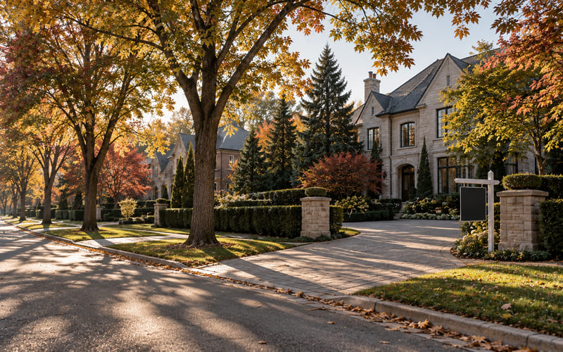 Illustrative: a quiet tree-lined residential street of large detached homes in early autumn, one with a discreet "for lease" sign at the end of a long driveway, soft morning light, no people