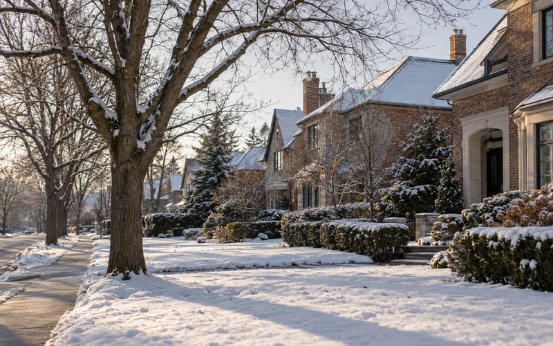 Illustrative: a quiet winter morning on a residential street of brick houses in a Canadian city, snow on the front lawns and a bare maple in the foreground, no signage or people