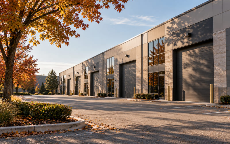 Illustrative: a row of small-bay industrial units with roll-up doors and a shared parking apron on a clear autumn morning in a suburban Ontario business park, no signage legible