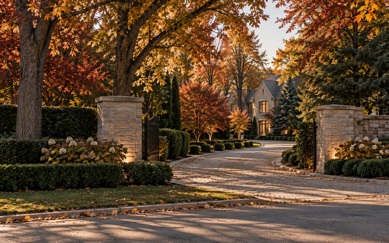 Illustrative: a tree-lined residential street in autumn with a stone gatepost and a long private driveway, no house number or signage visible