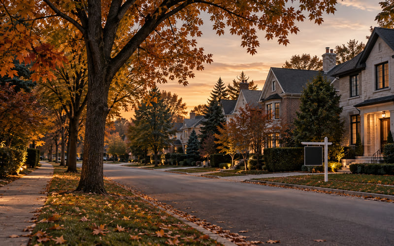 Illustrative: a quiet residential street of mature-tree detached homes in a southern Ontario suburb at dusk in early autumn, one for-sale sign visible at the kerb, no branding legible