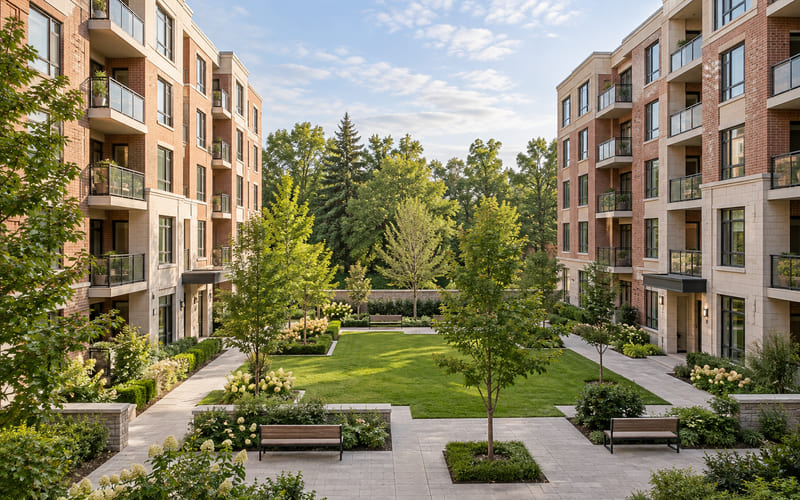 Illustrative: rental apartment buildings around a landscaped courtyard