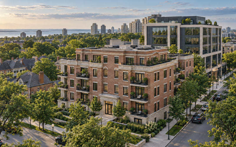 Illustrative: an elevated view of a brick apartment building and an office building on a tree-lined block