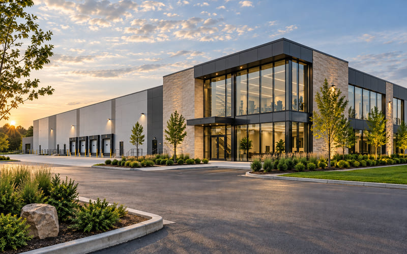 Illustrative: an office and industrial building at dusk