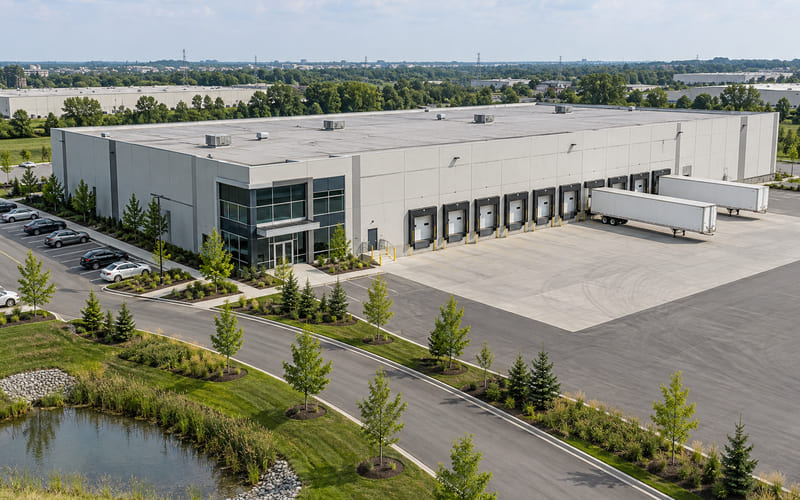 Illustrative: a warehouse with loading docks, a truck court and an office entrance