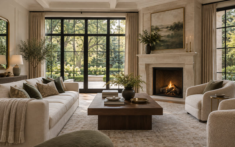 Illustrative: a furnished living room with a fireplace