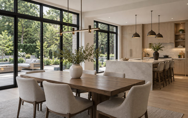 Illustrative: a furnished kitchen and dining room opening onto a garden