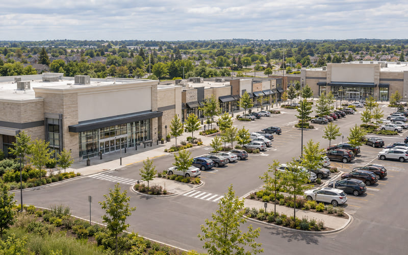Illustrative: a suburban retail plaza with anchor stores, smaller units and landscaped parking