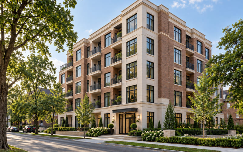 Illustrative: a six-storey brick apartment building on a tree-lined street