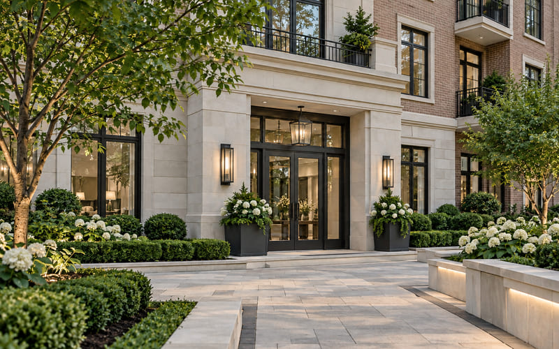 Illustrative: a maintained building entrance with a landscaped forecourt