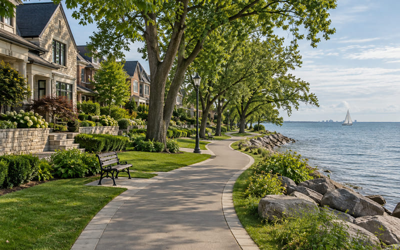 Illustrative: a waterfront path beside a residential neighbourhood