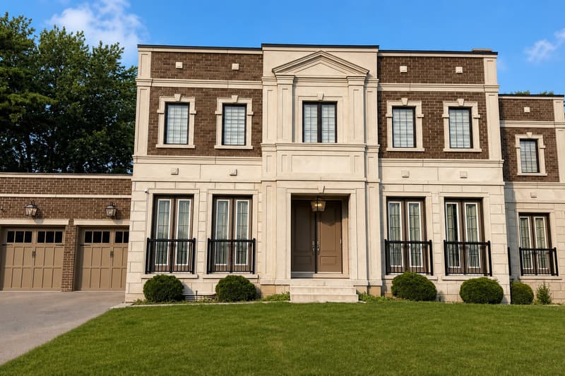 The front of the house on Grayson Green Court: two storeys of brick and cut stone around a pedimented centre bay, a double garage to the left and a front lawn